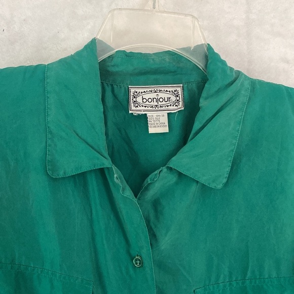 Vintage 80’s Bonjour Green Long Sleeve 100% Silk Plus Size Blouse - Picture 3 of 15